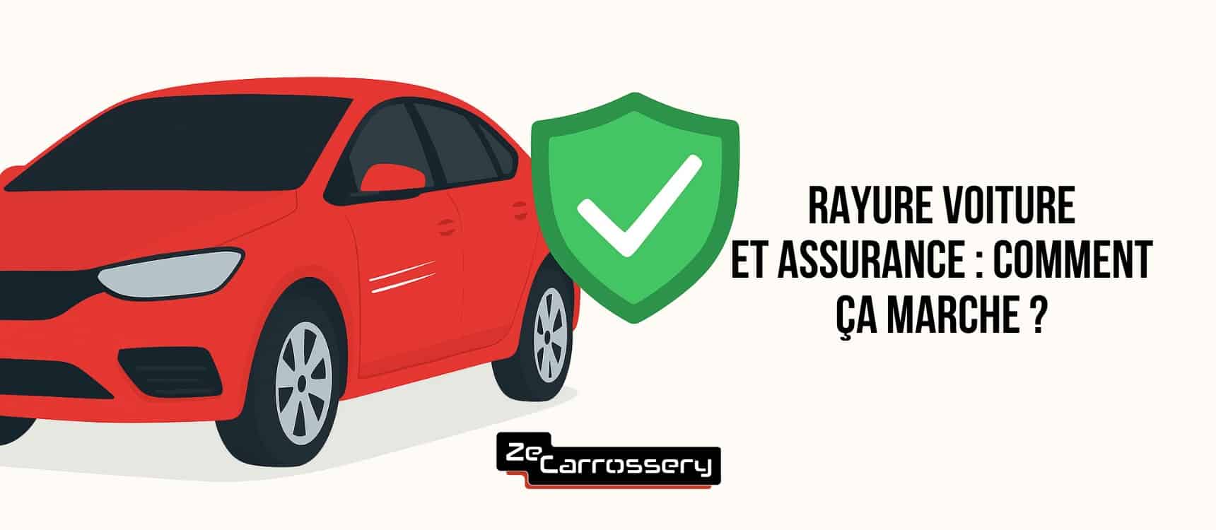 illustration d'une voiture rouge avec une rayure voiture assurance sur la portière avant gauche. Sur le côté, on aperçois un badget validé de couleur verte. À gauche, on voit le titre de l'article : Rayure voiture et assurance : comment ça marche ?